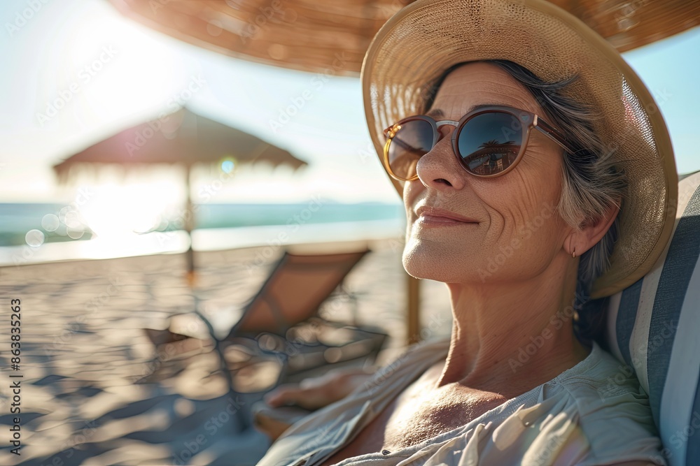 A image of a 55-year-old woman sitting on a lounge at a sunny beach A image of a 55-year-old woman sitting on a lounge at a sunny beach