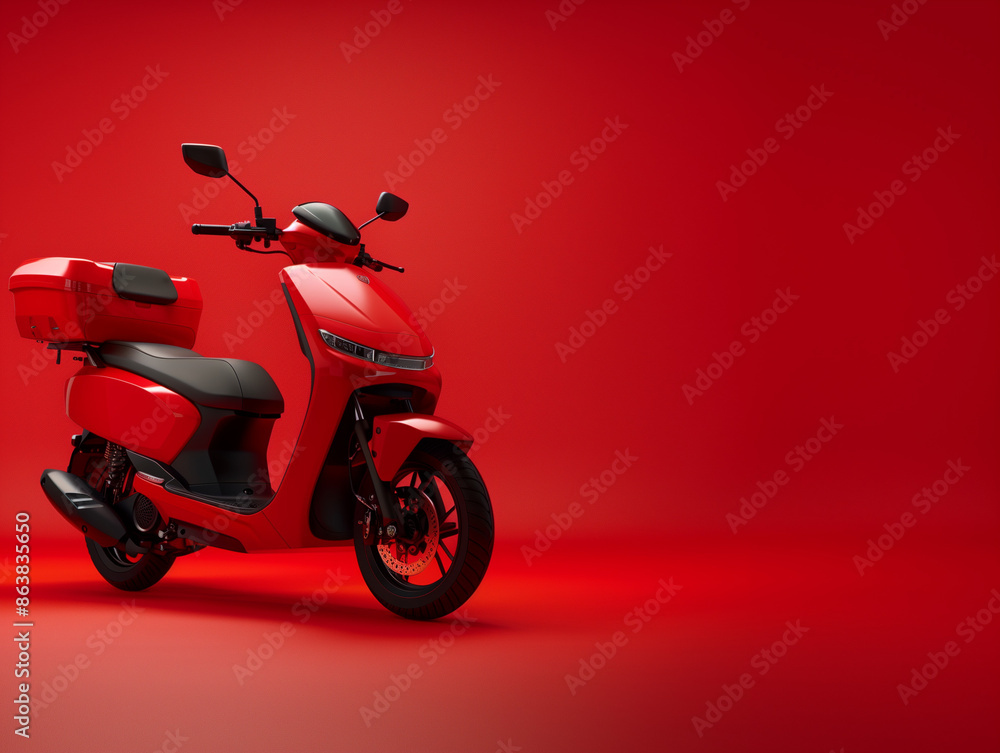 Morning Delivery: Red Delivery Scooter Speeding in City at Dawn Morning Delivery: Red Delivery Scooter Speeding in City at Dawn
