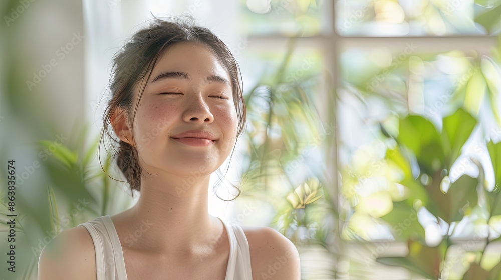A young Japanese woman is practicing yoga at the training center A young Japanese woman is practicing yoga at the training center