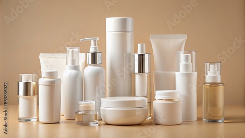 Assorted unbranded skincare products in white plastic and glass containers arranged on a beige background for marketing mockup purposes.