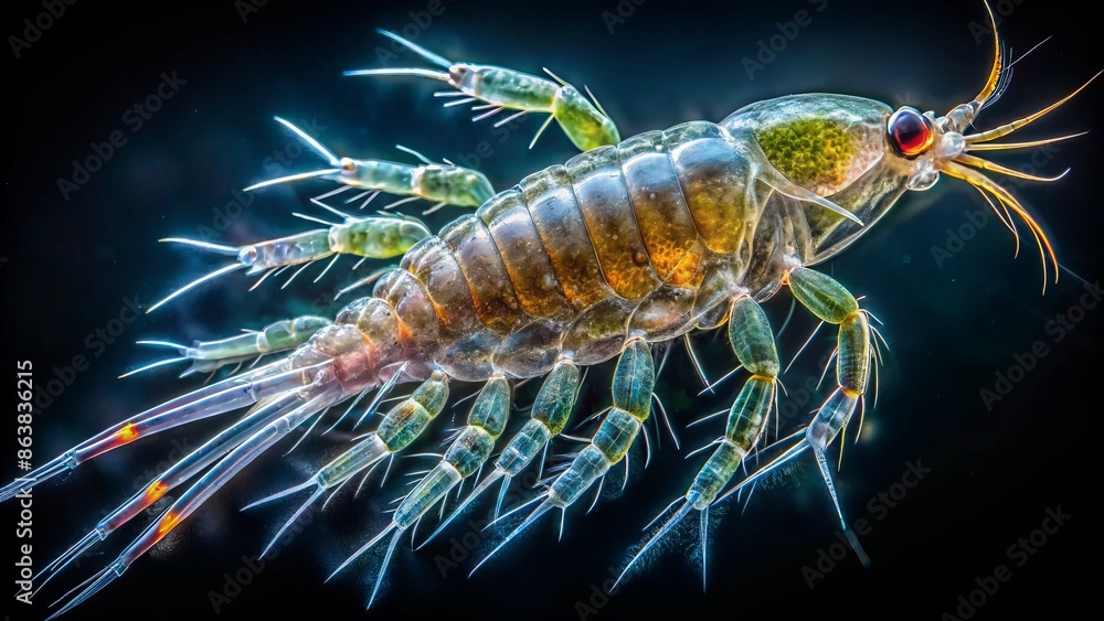 Magnified microscopic view of Oithona copepod crustacean, a tiny transparent elongated parasite, found in Indian Ocean's plankton ecosystem. Magnified microscopic view of Oithona copepod crustacean, a tiny transparent elongated parasite, found in Indian Ocean's plankton ecosystem.