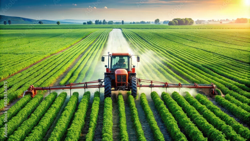 Obraz premium Tractor spraying biochemicals on crops in a field, agriculture, farming