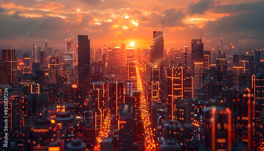 Obraz premium A futuristic city skyline with tall, sleek buildings made of metal and glowing with orange lights