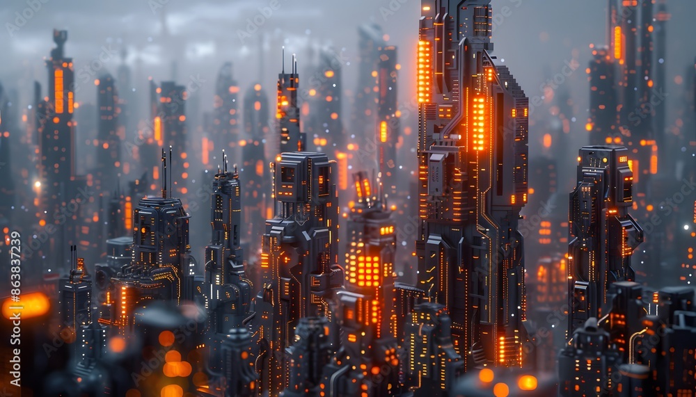 A futuristic city skyline with tall, sleek buildings made of metal and glowing with orange lights A futuristic city skyline with tall, sleek buildings made of metal and glowing with orange lights