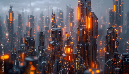 A futuristic city skyline with tall, sleek buildings made of metal and glowing with orange lights