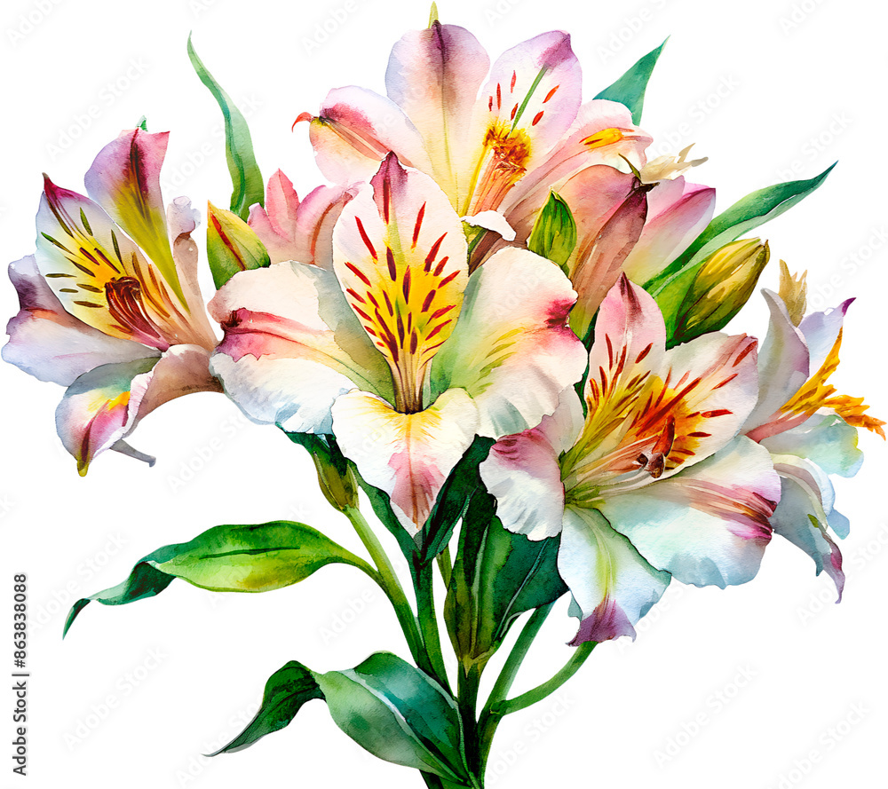 Fototapeta premium bouquet Alstroemeria flower landscape no background png decorative floral watercolor painting