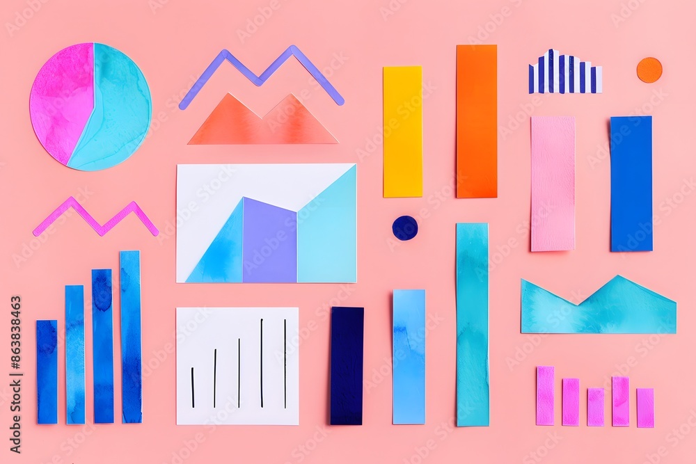 Colorful abstract geometric shapes on pink background, ideal for modern design, data visualization, and creative layouts. Colorful abstract geometric shapes on pink background, ideal for modern design, data visualization, and creative layouts.