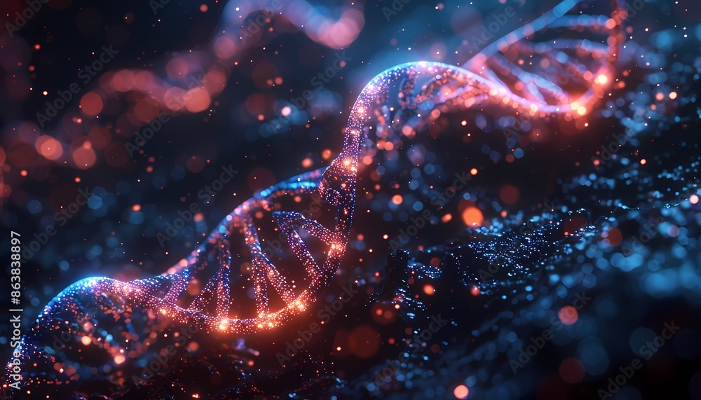 A glowing blue and red DNA strand against a dark background with bokeh. A glowing blue and red DNA strand against a dark background with bokeh.