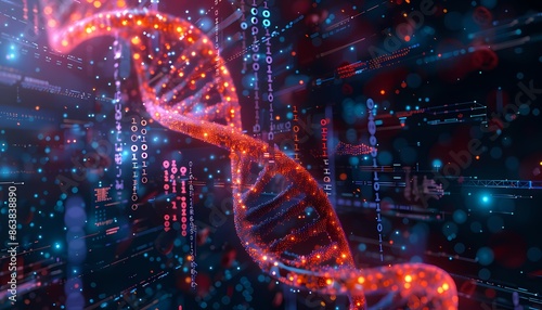 A glowing DNA helix is surrounded by blue and red particles and binary code in a digital space. The image suggests the intersection of biology and technology. photo