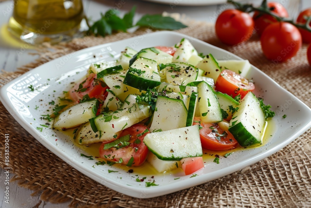 Vegetable Salad, Vegetarian Salat with Smoked Cheese, Sliced Cucumbers, Tomatoes and Greens Vegetable Salad, Vegetarian Salat with Smoked Cheese, Sliced Cucumbers, Tomatoes and Greens