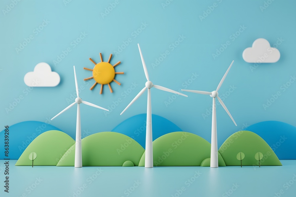 Fototapeta premium Colorful paper art style landscape featuring wind turbines, hills, sun, and clouds symbolizing renewable energy and sustainability.