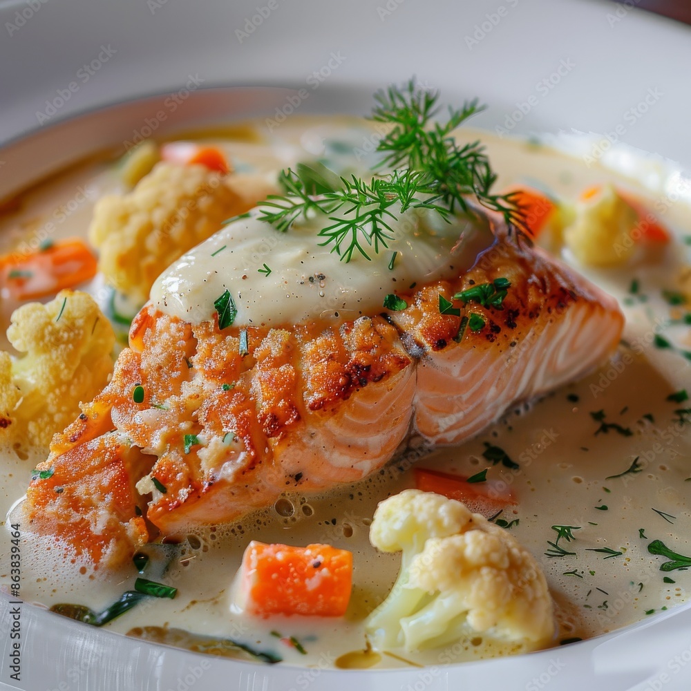 Breaded Salmon, Trout Fillet in Cream Sauce, Red Fish Meat with Cauliflower and Carrots Closeup Breaded Salmon, Trout Fillet in Cream Sauce, Red Fish Meat with Cauliflower and Carrots Closeup