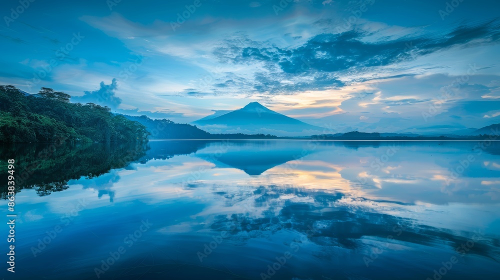 Bali, Indonesia : Sunrise with blue moments at the lake during holiday