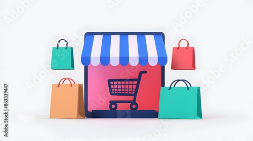 Colorful shopping bags and storefront icon on white background representing online shopping, e-commerce, and retail sales.