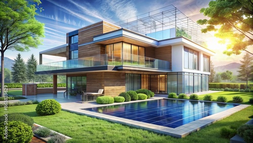 Modern digital illustration of a futuristic residential building blueprint plan with sleek architecture and lush green surroundings landscape.