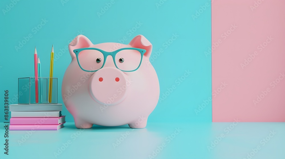Creative savings concept with a cute piggy bank wearing glasses, pencils and books on a pastel background. Financial literacy for kids. Creative savings concept with a cute piggy bank wearing glasses, pencils and books on a pastel background. Financial literacy for kids.