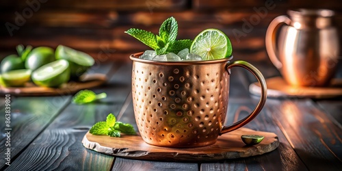 Moscow Mule cocktail in copper mug with mint and lime slice on coaster on restaurant table copy space, Moscow Mule