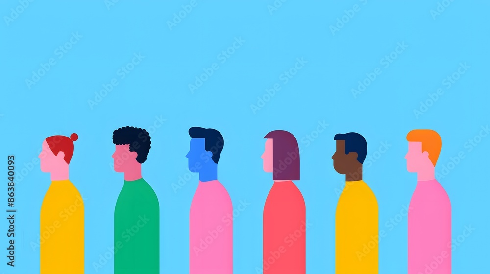 Diverse group of people standing in line, modern illustration with vibrant colors and minimalistic style on a blue background. Diverse group of people standing in line, modern illustration with vibrant colors and minimalistic style on a blue background.