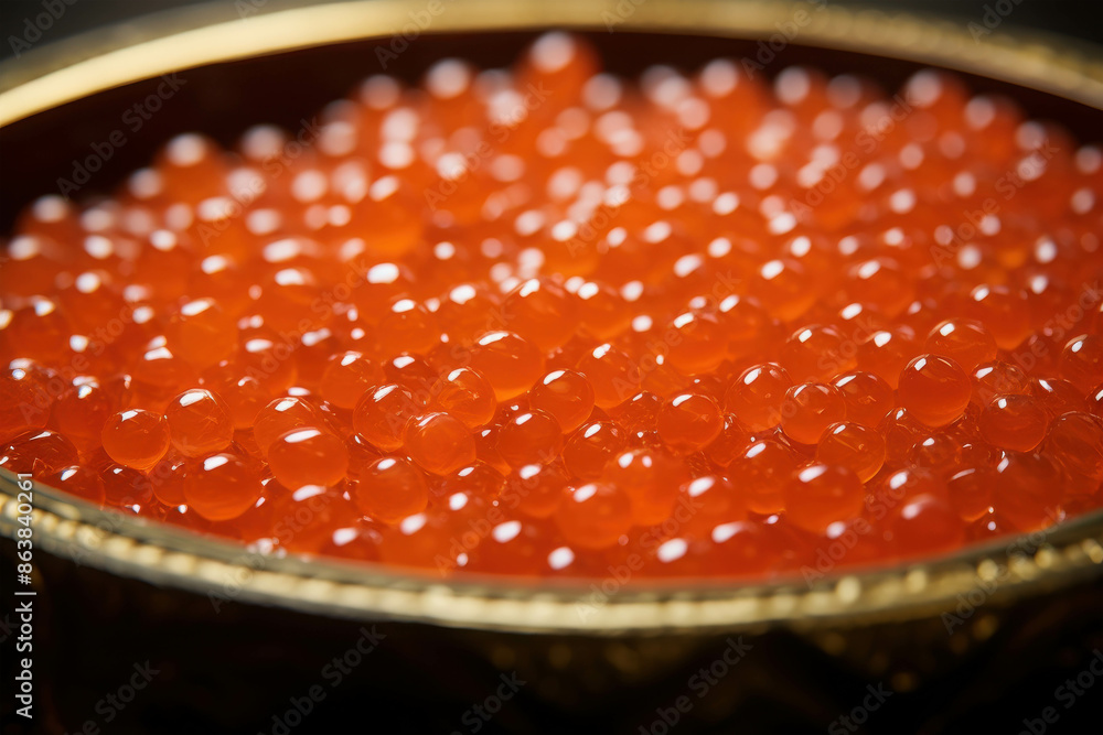Close-Up Shot of Fresh and Succulent Salmon Roe Meticulously Placed in a Beautifully Decorated Traditional Japanese Bowl Close-Up Shot of Fresh and Succulent Salmon Roe Meticulously Placed in a Beautifully Decorated Traditional Japanese Bowl