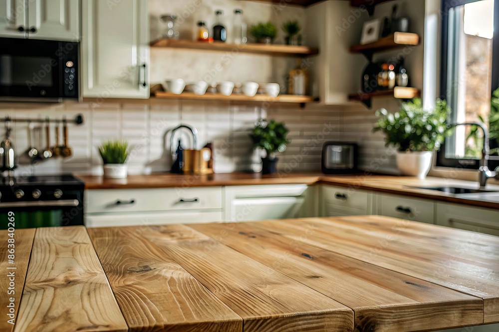 Wooden countertop against the background of a white kitchen with kitchen appliances in out of focus Wooden countertop against the background of a white kitchen with kitchen appliances in out of focus