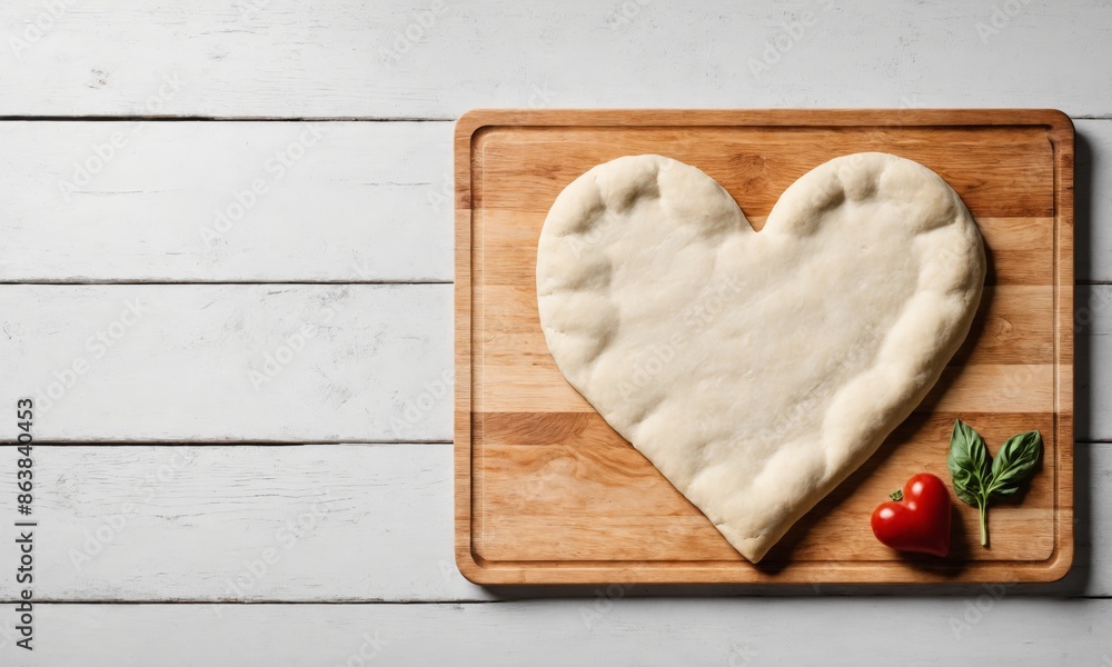 Obraz premium Heart-shaped pizza dough on cutting board with tomato and basil