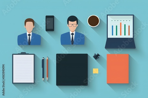 Flat lay of office workspace with laptop, coffee, notepad, pens, and business illustrations on a blue background - business and productivity concept.
