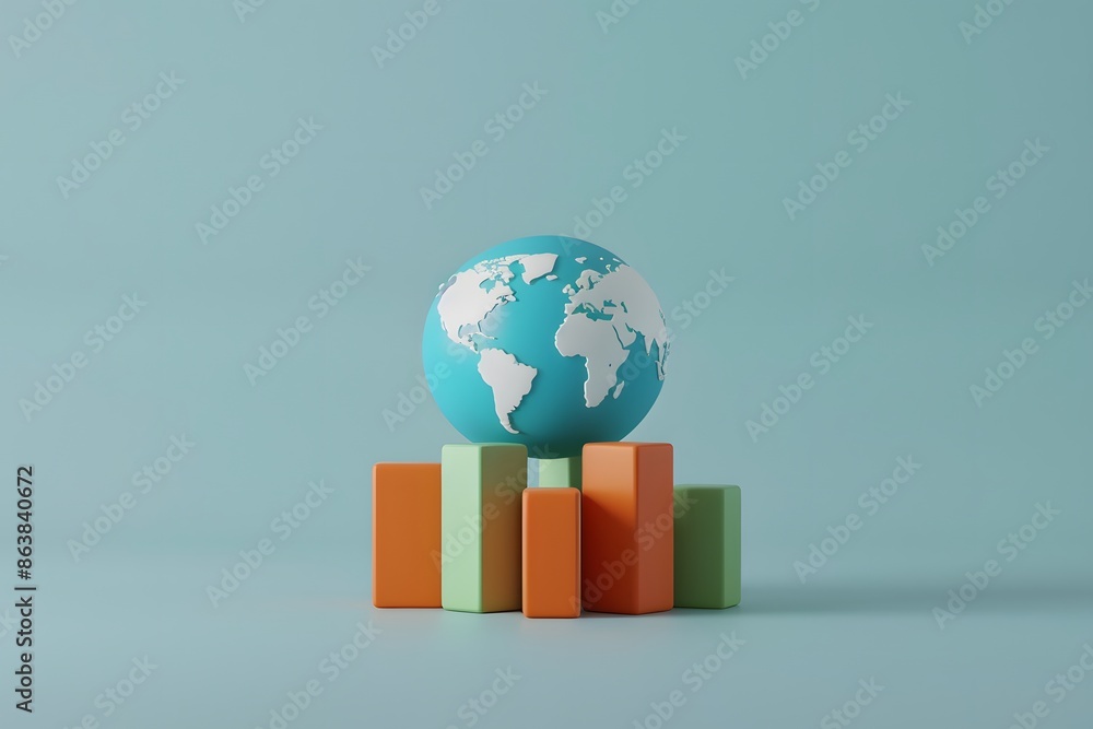 Global economy concept with a small globe and colorful bar charts on a light blue background, symbolizing international business and finance. Global economy concept with a small globe and colorful bar charts on a light blue background, symbolizing international business and finance.