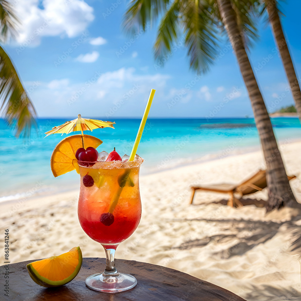 Close up of cocktail with fruit on the beach with tropical ocean and palms tree in the background Close up of cocktail with fruit on the beach with tropical ocean and palms tree in the background