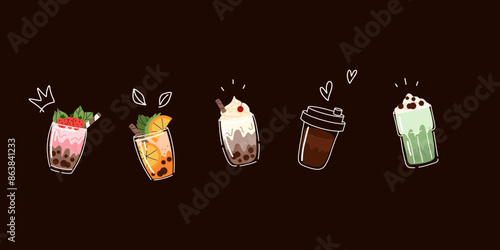 Bubble tea. Coffee and milkshakes with boba balls. Summer cold drink with tapioca pearls. Glass and takeaway plastic cups. Fruit yummy smoothie. Doodle drawing. Cartoon isolated illustration