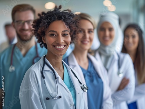 A diverse group of healthcare professionals stand together, smiling and looking at the camera.  They are wearing scrubs and white coats.