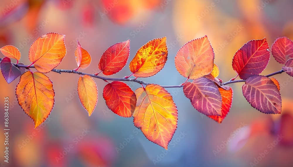 A close-up shot of a branch with vibrant orange, red, and yellow leaves in the fall. The leaves are delicate and intricate, with veins visible. A close-up shot of a branch with vibrant orange, red, and yellow leaves in the fall. The leaves are delicate and intricate, with veins visible.