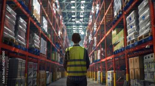 A Warehouse Worker In A Neon Yellow Vest Checks Cargo On Shelves With A Scanner, The Atmosphere Bustling And Organized