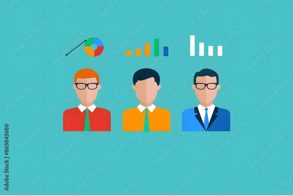 Illustration of business people with graphs on a blue background depicting data analysis, teamwork, and business strategy. Illustration of business people with graphs on a blue background depicting data analysis, teamwork, and business strategy.