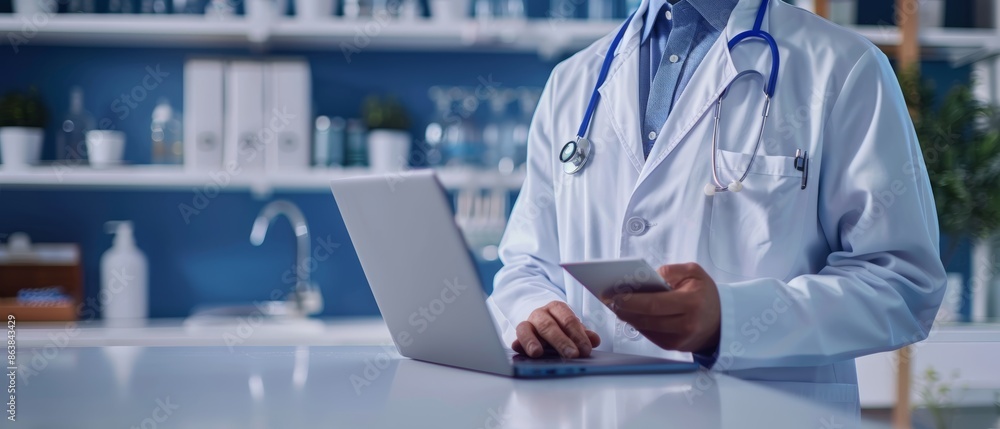 Doctor working on laptop in a clinic. Doctor working on laptop in a clinic.