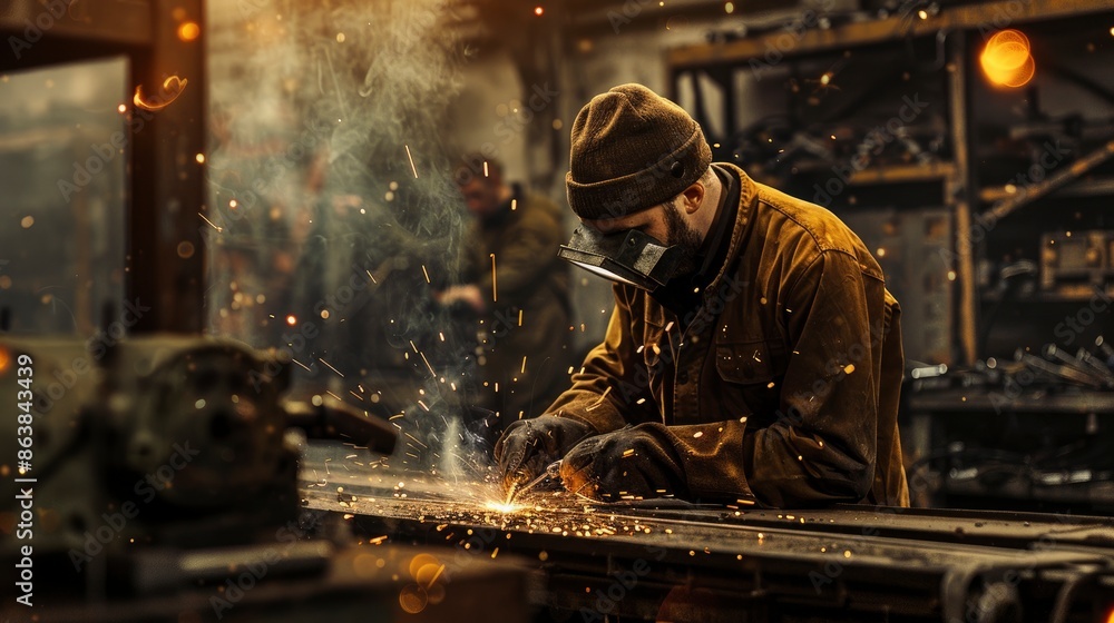 A Welder Working In A Workshop, Sparks Flying And Illuminating His Determined Expression A Welder Working In A Workshop, Sparks Flying And Illuminating His Determined Expression
