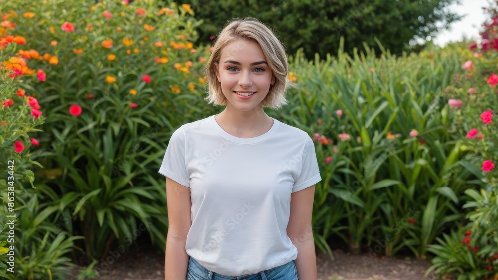 Teenage girl with short hair wearing white t-shirt and blue jeans standing in the garden Teenage girl with short hair wearing white t-shirt and blue jeans standing in the garden