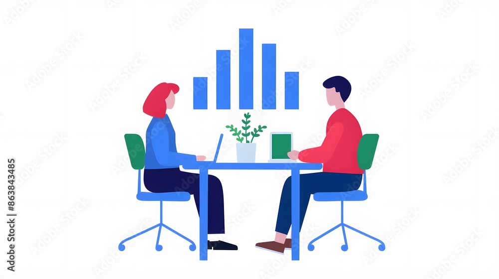 Fototapeta premium Illustration of two business professionals discussing work across a table with charts in the background.