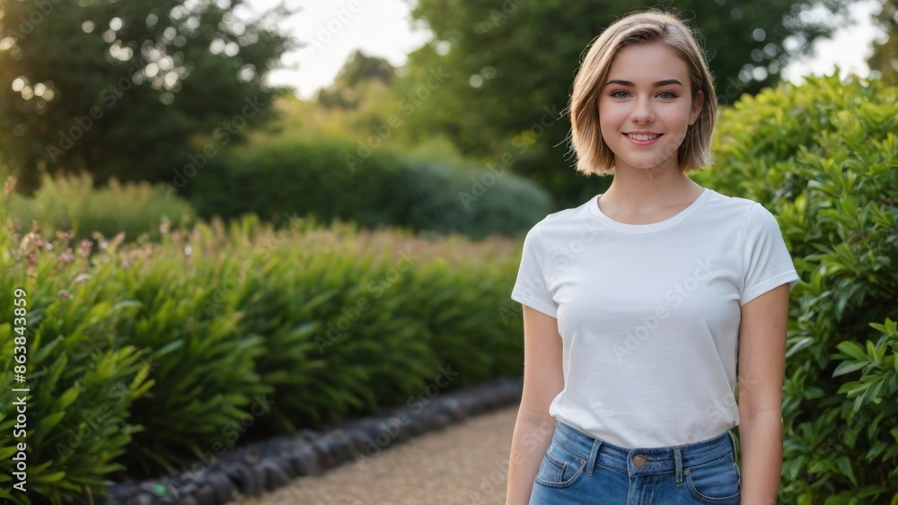 Teenage girl with short hair wearing white t-shirt and blue jeans standing in the garden Teenage girl with short hair wearing white t-shirt and blue jeans standing in the garden