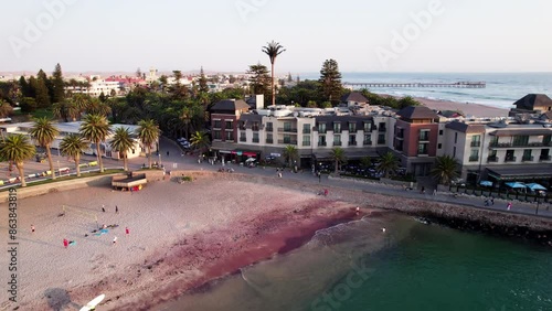 Beach and ocean in Swakopmund town in Namibia, Africa. 3.05.2024, drone 4k footage Dlog to Rec.709