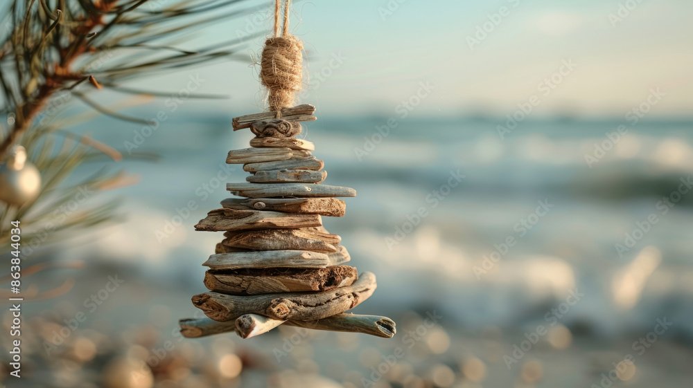 Obraz premium Handmade driftwood Christmas tree decoration hanging by the beach.