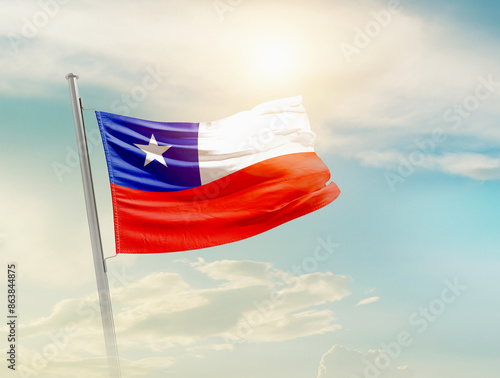 Chile national flag waving in the sky with mast. 