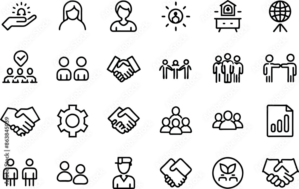 Fototapeta premium Partnership and Hands related concept editable stroke outline icons isolated on white background flat vector illustration
