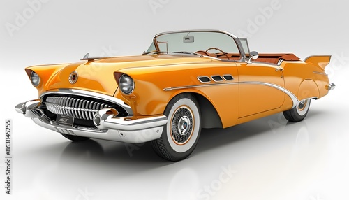 A shiny orange classic car with a whitewall tire and chrome accents sits on a white background.