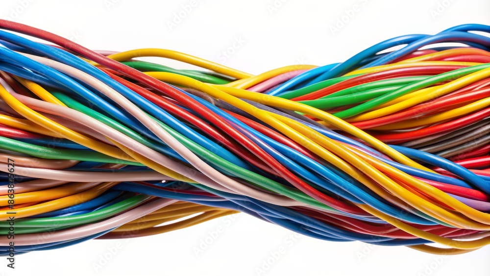 Vibrant intertwined electrical wires with varying hues and thicknesses isolated against a pristine white backdrop, showcasing striking textures and colors. Vibrant intertwined electrical wires with varying hues and thicknesses isolated against a pristine white backdrop, showcasing striking textures and colors.