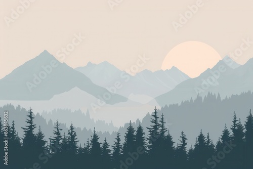 A beautiful mountain range landscape at dawn, with the first rays of the sun illuminating the peaks. The sky features soft pastel hues, creating a tranquil and inspiring scene. Generative AI © Анатолий Савицкий