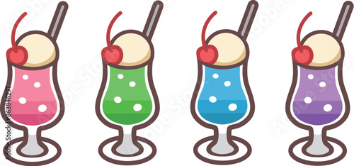 クリームソーダのイラストアイコン素材（青・緑・ピンク・紫）