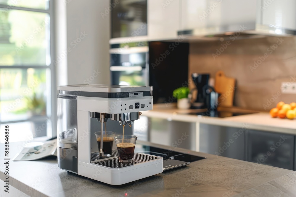 Coffee machine with cup of coffee on table in modern kitchen Coffee machine with cup of coffee on table in modern kitchen