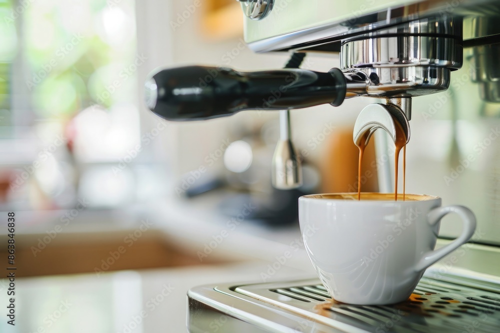 Coffee machine with cup of coffee on table in modern kitchen Coffee machine with cup of coffee on table in modern kitchen