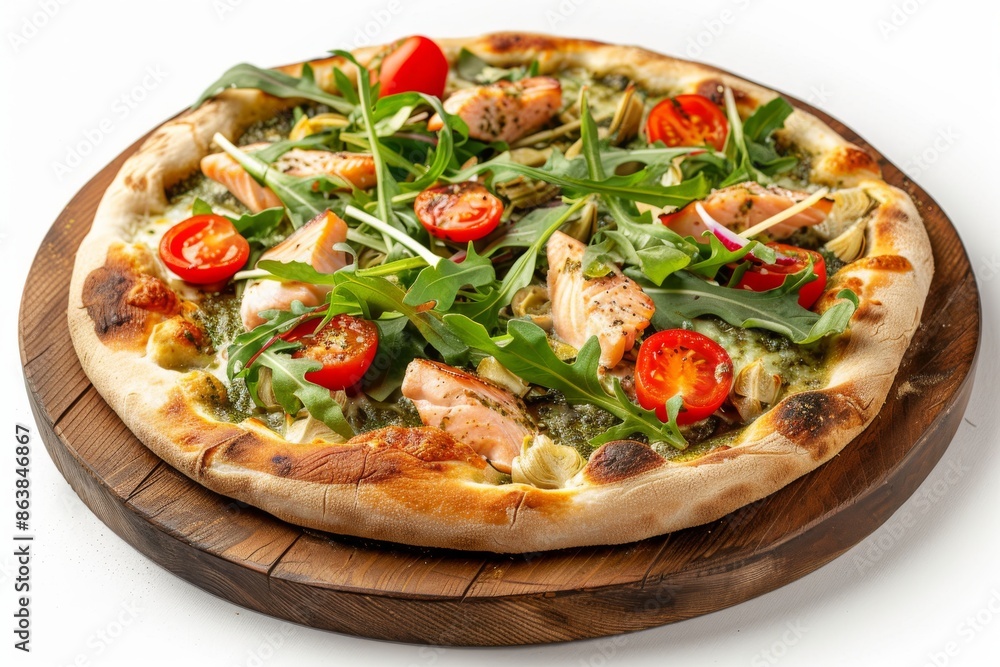 Salmon Pizza with Salmon, Seafood Flatbread with Pickled Artichokes, Arugula, Cherry Tomatoes Salmon Pizza with Salmon, Seafood Flatbread with Pickled Artichokes, Arugula, Cherry Tomatoes