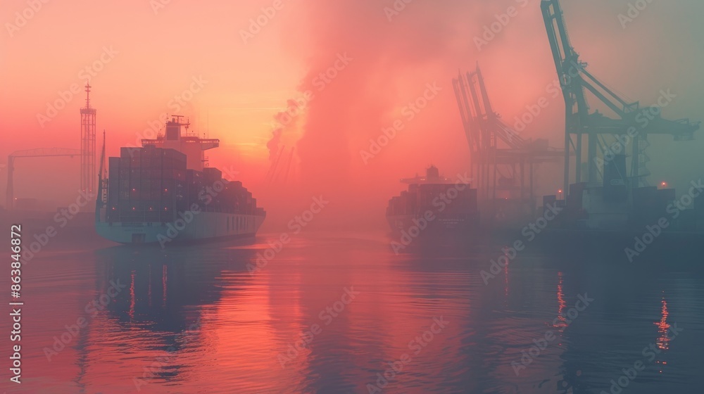 Dawn at the Harbor: Bustling Modern Harbor with Cargo Ships and Workers Amidst Morning Fog Dawn at the Harbor: Bustling Modern Harbor with Cargo Ships and Workers Amidst Morning Fog